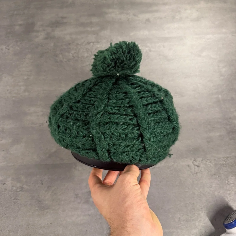Vintage 70s Kmart Newsboy Cap Trucker Forest Green Cable Knit Pom Pom Beanie Hat - Picture 5 of 6
